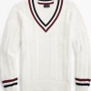 Oxford & Evergreen Brooks Brothers Supima® Cotton Tennis Sweater, White/Navy/Burgundy