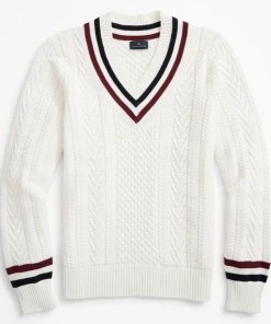 Oxford & Evergreen Brooks Brothers Supima® Cotton Tennis Sweater, White/Navy/Burgundy
