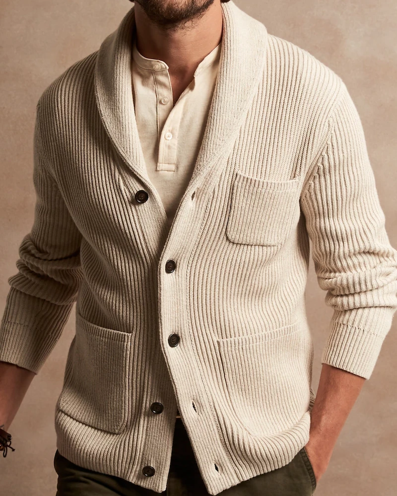 Oxford & Evergreen Clothing Banana Republic Supima® Cotton Shawl-Collar Cardigan, Heather Oatmeal 3 Oxford & Evergreen Clothing Banana Republic Supima® Cotton Shawl-Collar Cardigan, Heather Oatmeal