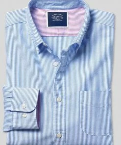 Oxford & Evergreen Clothing Charles Tyrwhitt Button-Down Collar Bengal Stripe Washed Oxford Shirt, Blue & White