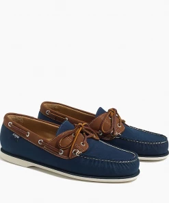 Oxford & Evergreen J. Crew Factory Canvas Boat Shoes, Navy & Contrast Vintage Cognac
