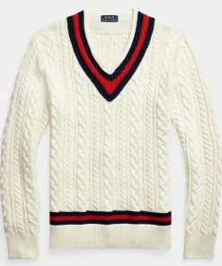 Oxford & Evergreen Polo Ralph Lauren Iconic Cricket Sweater, Cotton//Cashmere, Cream Clothing