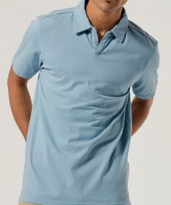 Oxford & Evergreen Pact Organic Vintage Notch Neck Polo, Blue Fog