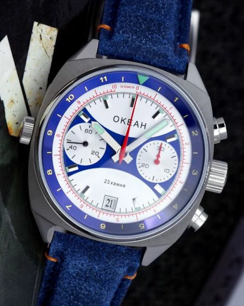 Oxford & Evergreen Chronographs Poljot OKEAN Russian Naval Chronograph, Silver/Blue Dial (39mm) 3 Oxford & Evergreen Chronographs Poljot OKEAN Russian Naval Chronograph, Silver/Blue Dial (39mm)