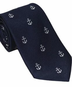 Oxford & Evergreen Accessories Summer Ties Anchor Silk Necktie, White On Navy