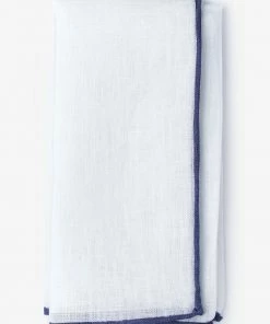 Oxford & Evergreen Accessories Ties.com White Linen Pocket Square With Navy Rolled Edges